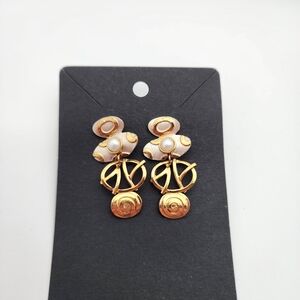 Vintage Modernist Abstract KW Sterling Silver Gold Tone Pearl Dangle Earrings